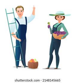 Man and woman villager farmer in overalls. Agricultural worker. Cheerful person. Standing pose. Cartoon comic style. Illustration isolated white background. Vector.