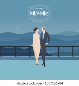 Man and Woman in Vintage Outfit standing on a Bridge. Mountain Landscape Background. Wedding and Romance Concept 