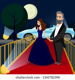 Man and Woman at VIP Event Color Illustration. Couple on Date Flat Drawing. Girl in Luxury Evening Gown on Red Carpet. Celebrities, Famous People Cartoon Characters. Rich, Wealthy Boyfriend