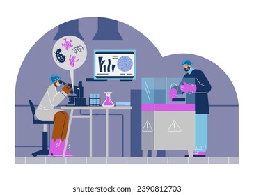 Man and woman virologists working at laboratory flat stye, vector illustration isolated on white background. Decorative design element, science and researches, health and biology