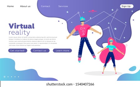 Man and woman in virtual reality glasses on a technology abstract Background. Landing page template. Vector illustration in modern flat style.