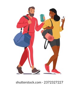 Man And A Woman Visit A Gym,To Work Out, Engage In Fitness Activities, And Enhance Their Overall Well-being. Male and Female Characters Walking with Sports Stuff. Cartoon People Vector Illustration