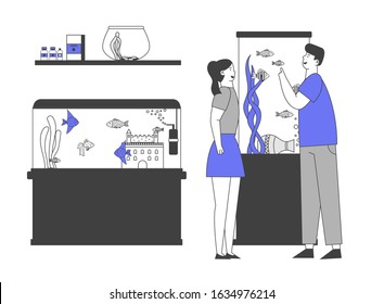 Man and Woman Visiting Pet Shop for Choosing and Buying Aquarium and Fish. Male and Female Characters at Zoo Market Walking among Stands with Tropical Fishes. Flat Vector Illustration, Line Art