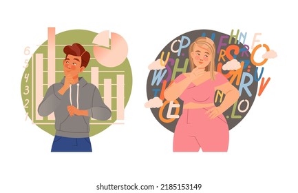 Man and Woman with Visual and Analytical Type of Thinking or Mindset Vector Set