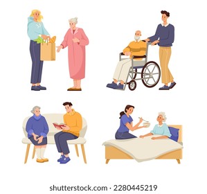 Man and Woman Volunteer Caring of Elderly People on Retirement Vector Illustration Set