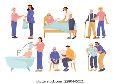 Man and Woman Volunteer Caring of Elderly People on Retirement Vector Illustration Set