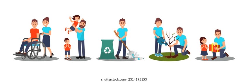 Man and Woman Volunteer Characters Helping Disabled, Planting and Gathering Garbage Vector Illustration Set