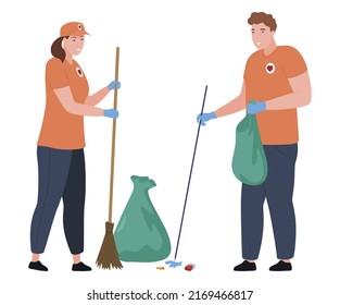 Man And Woman Volunteer Collecting Garbage Sweeping In Bag Vector Flat Illustration. People Cleaning Street With Broom And Stick Assembling Rubbish Ecology Environment Protection. Social Charity Help