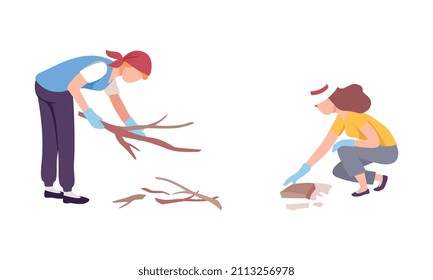 Man and Woman Volunteer Gathering Garbage and Dry Twigs Vector Set