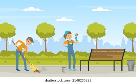 Man And Woman Volunteer Painting Bench In The Park And Sweeping Ground With Broom Vector Illustration