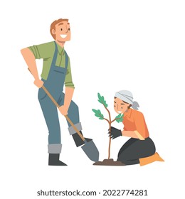 Hombres y mujeres voluntarios plantando árboles para trabajar libremente en actividades laborales para ilustraciones de vectores de servicios comunitarios