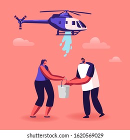 Man and Woman Volunteers Bringing Water in Buckets, Firefighters Working on Helicopter for Fighting with Fire in Forest. Human Responsibility and Nature Protection. Cartoon Flat Vector Illustration
