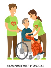 Man and woman volunteers caring to disabled senior, assistant straightening blanket, portrait view of volunteering people and handicapped pension vector. Flat cartoon