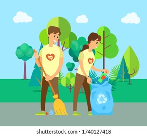 Man And Woman Volunteers Sweeping Road, Cleaning Trash And Bottle, People Holding Broom And Bag With Litter, Smiling Workers Near Trees, Eco Vector