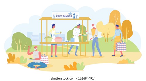 Man Woman Volunteers in White Coat Cooking Free Dinner. Needy People. Natural Green Park Landscape. Open Air Canteen. Poor, Homeless Person. Charity. Voluntary Work. Vector Cartoon Flat Illustration