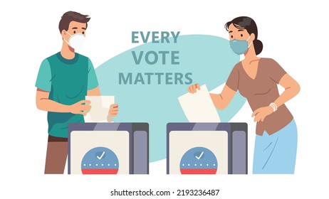 Man, Woman Voters In Masks Casting Ballots Putting Paper With Vote Into Election Boxes. Persons Voting In Favor Or Against Candidate During Coronavirus Pandemic. Polling Place Flat Vector Illustration