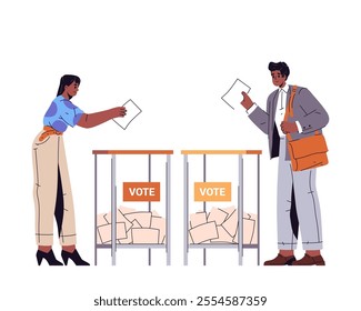 Man and woman voting by throwing their bulletin. Vector people near ballot box participate in democratic election or referendum. Citizen poll or government selection. Civil right and democracy process