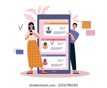 Man and woman voting. Young couple near smartphone chooses one of candidates. Politics, presidents and governors. Active and responsible society. Cartoon flat vector illustration