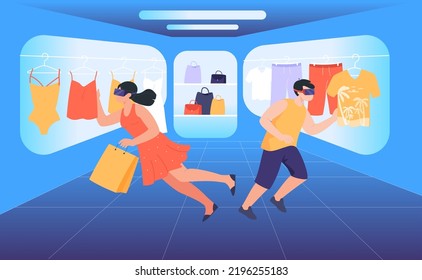 Man And Woman In VR Glasses Buying Clothes. Customers In Goggles In Virtual Clothing Store Flat Vector Illustration. Online Shopping, Technology, Metaverse Concept For Banner Or Landing Web Page