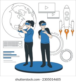 Man and woman with VR helmet connecting to futuristic technology metaverse virtual reality and surrounded with future interface 3d hologram big data. Person working with meta cyber space headset.