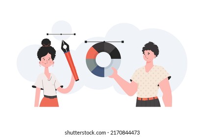 A man   woman are waist  high   hold pen tool   color wheel  Design  Element for presentation  Vector illustration