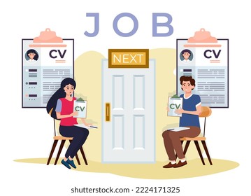 Man and woman waiting for the job interview. Candidates with cv sitting in line. Open vacancy. Unemployment concept. Recession. Search for the job, occupation. Loss of job.  Flat vector illustration.