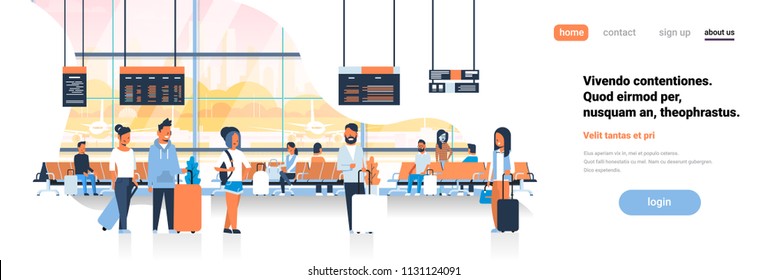 man woman waiting takeoff in airport hall departure lounge passengers terminal check interior flat banner copy space vector illustration