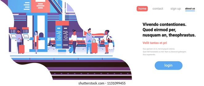 man woman waiting train railway station passengers underground interior flat banner copy space vector illustration