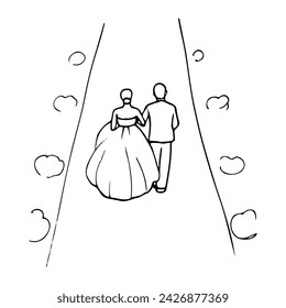 man and a woman walk along a path with bushes. hand drawn illustration bride and groom, bride and father walking down the aisle