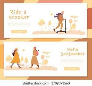 Man woman walk in fall season forest header banner set. Female citizen in warm fashion clothes. Hipster man riding scooter. Hello september. Autumn calm weather. Idea for outdoor seasonal recreation