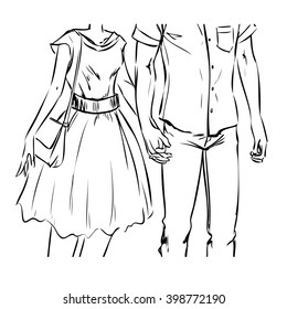  Man and woman walk and hold hands. Front view. Vector color cartoon, drawing by black lines. Comics style