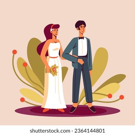 Man and woman walk to marriage ceremony. Happy couple celebrating wedding outdoors in summer. Beautiful wedding couples in park. Vector illustration in cartoon style