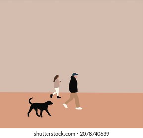Man and woman walk on street with their dogs in the morning. Park with Different People Flat Cartoon Vector Illustration.