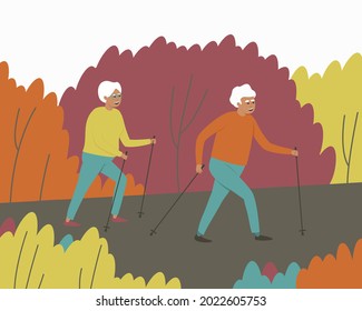 A man and a woman walk in a Scandinavian gait. An elderly couple take a leisurely stroll through the park. Autumn nature. Active lifestyle. Flat vector illustration.