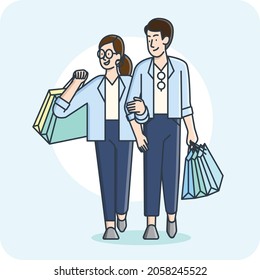 A man and a woman walk shopping happily 2D character activity, character design, vector design, isolated background.