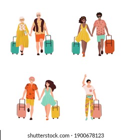 A man and a woman walk with suitcases. The pensioners are going on vacation, the man is a traveler. Cartoon style. A set of pairs of people