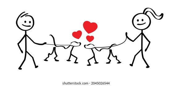 Man and woman walk their dog. Dogs are in love. Stickman walking with the dog. Flat vector cartoon sign. stick figures walks his dog. Valentines or valentine day 14 february. xoxo