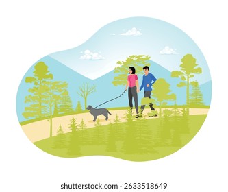 A man and woman walk their dog on a trail surrounded by trees, enjoying a peaceful outdoor nature walk in a scenic green forest close to a mountainous view. Couples walking together concept.