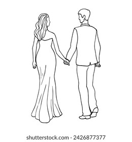 man and a woman walk together holding hands, look at each other and go into the sunset. hand drawn illustration bride and groom walking holding hands, view from the back