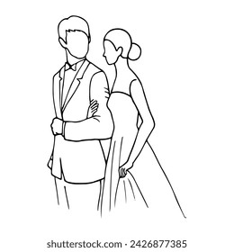 man and woman walk together, the woman holds the man's hand, he looks at her. hand drawn illustration newlyweds