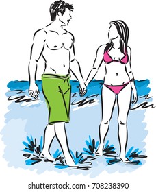 man and woman walking at the beach