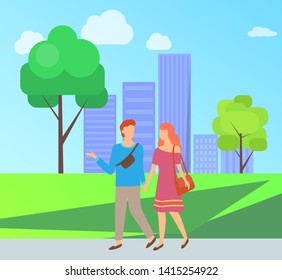 Man and woman walking in city park, portrait and full length view of couple in casual clothes, holding hands, dating of boyfriend and girlfriend vector