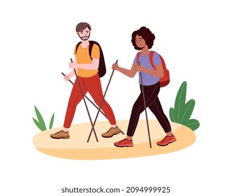 Man and woman walking. Couple with sticks trip. Active lifestyle, sports and travel. Adventure with friends. Nature and forest. Graphic element for travel site. Cartoon flat vector illustration