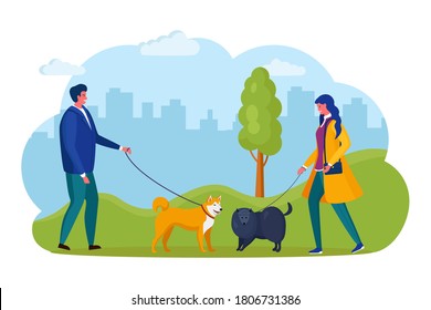 Man and woman are walking with dog. Happy boy, girl play with pet. Puppy on a leash isolated on background. Vector cartoon design