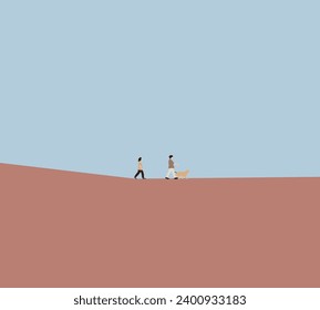 Man and woman walking with dog in mountain. People and lifestyle concept. Happy couple with their pet outdoors