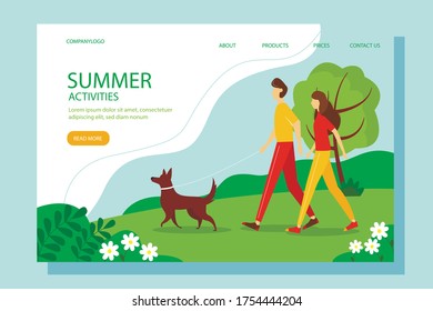 Man and woman walking with a dog in the Park. Cute summer illustration in a flat style. Concept of active outdoor activities.