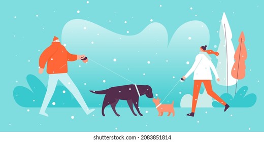 Man and woman walking with dog in the winter park. Outdoor activity concept. Vector illustration.