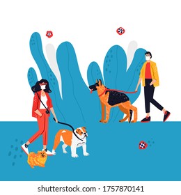 Man and woman walking dogs alone keeping social distance. Cute hand drawn vector illustration. Personal dog walker concept. Banner or web site template 
