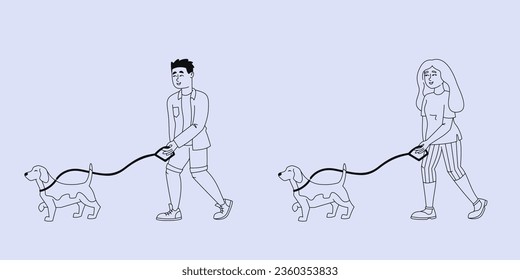 Man and woman walking dogs. People in outline style.