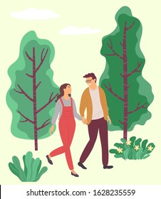 Man and woman walking in forest, couple holding hands and walks in park vector. Girl and guy on date on nature, boyfriend and girlfriend in love. Romance and dating lovers going out illustration